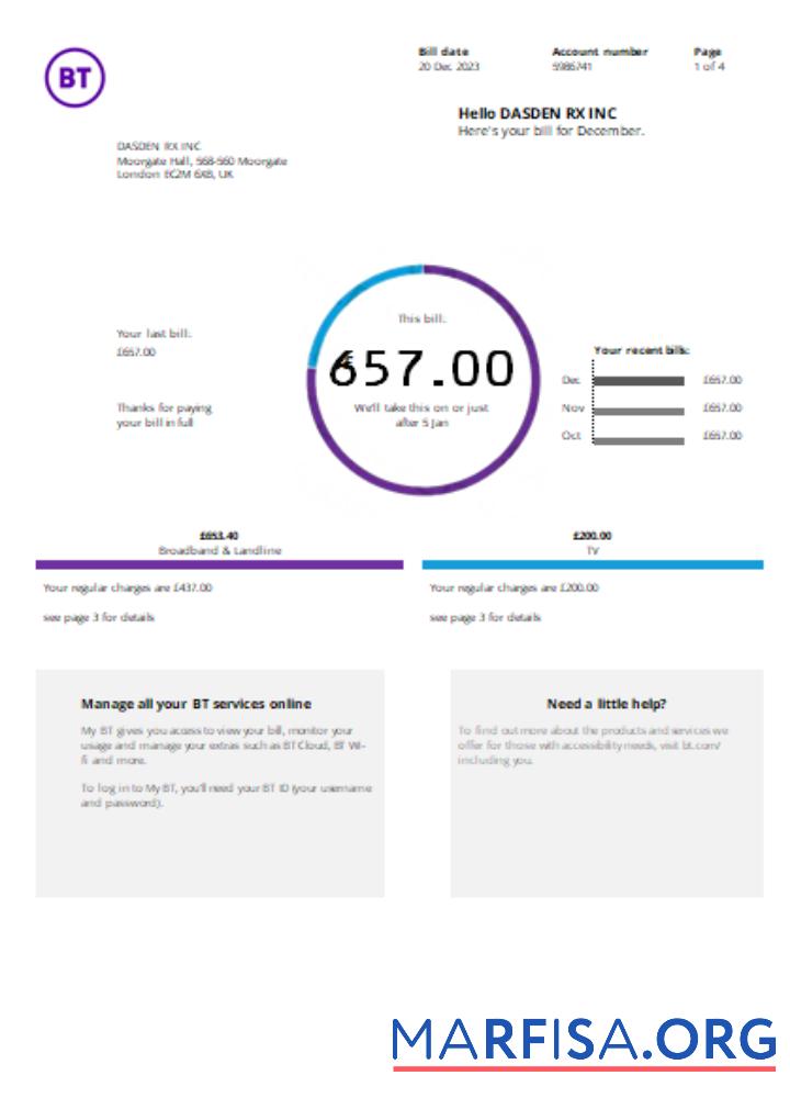 Printable BT telecommunications utility business bill, SCR template